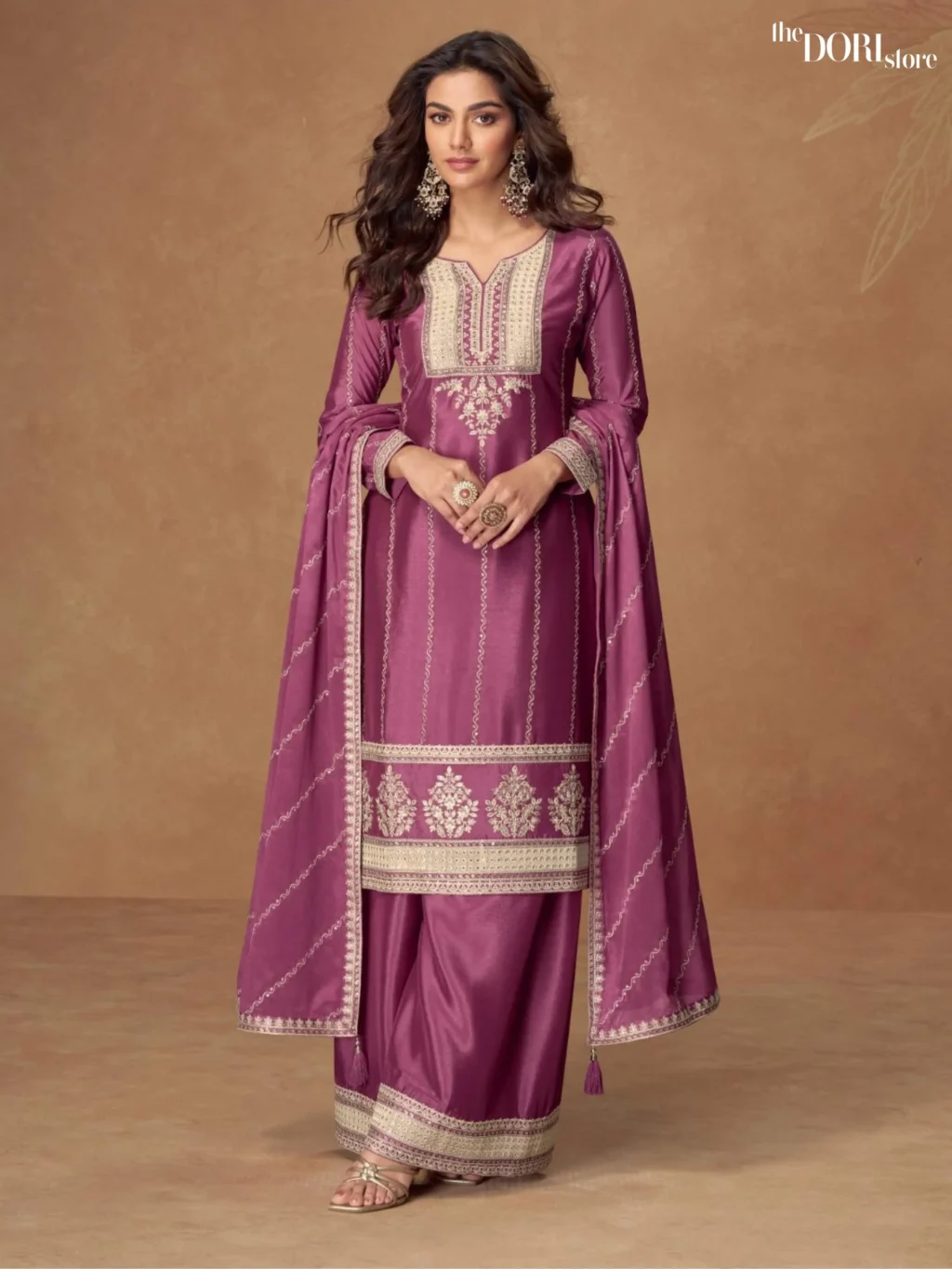Queen Pink Chinon Silk Designer Suit  - Beautiful Aashirwad Creation (KAVERI11)  for a classy look.