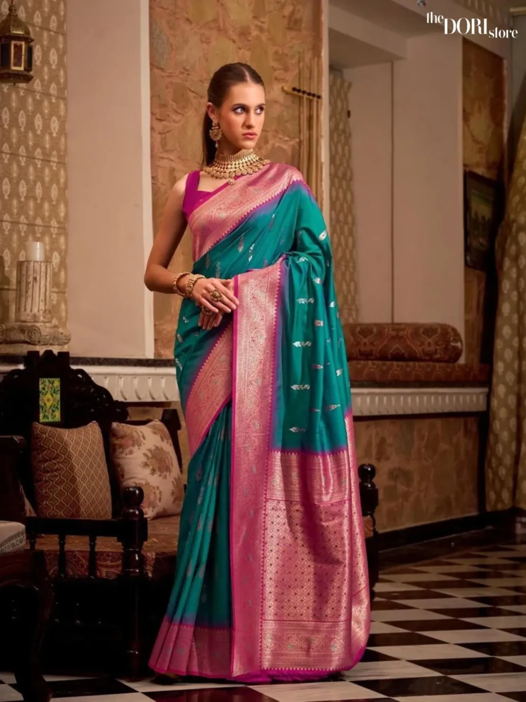 Ethnic Teal Green Partywear Soft Silk Woven Saree for Women - Designer Gatha Silk with Beautiful Fabric and Elegant Design.