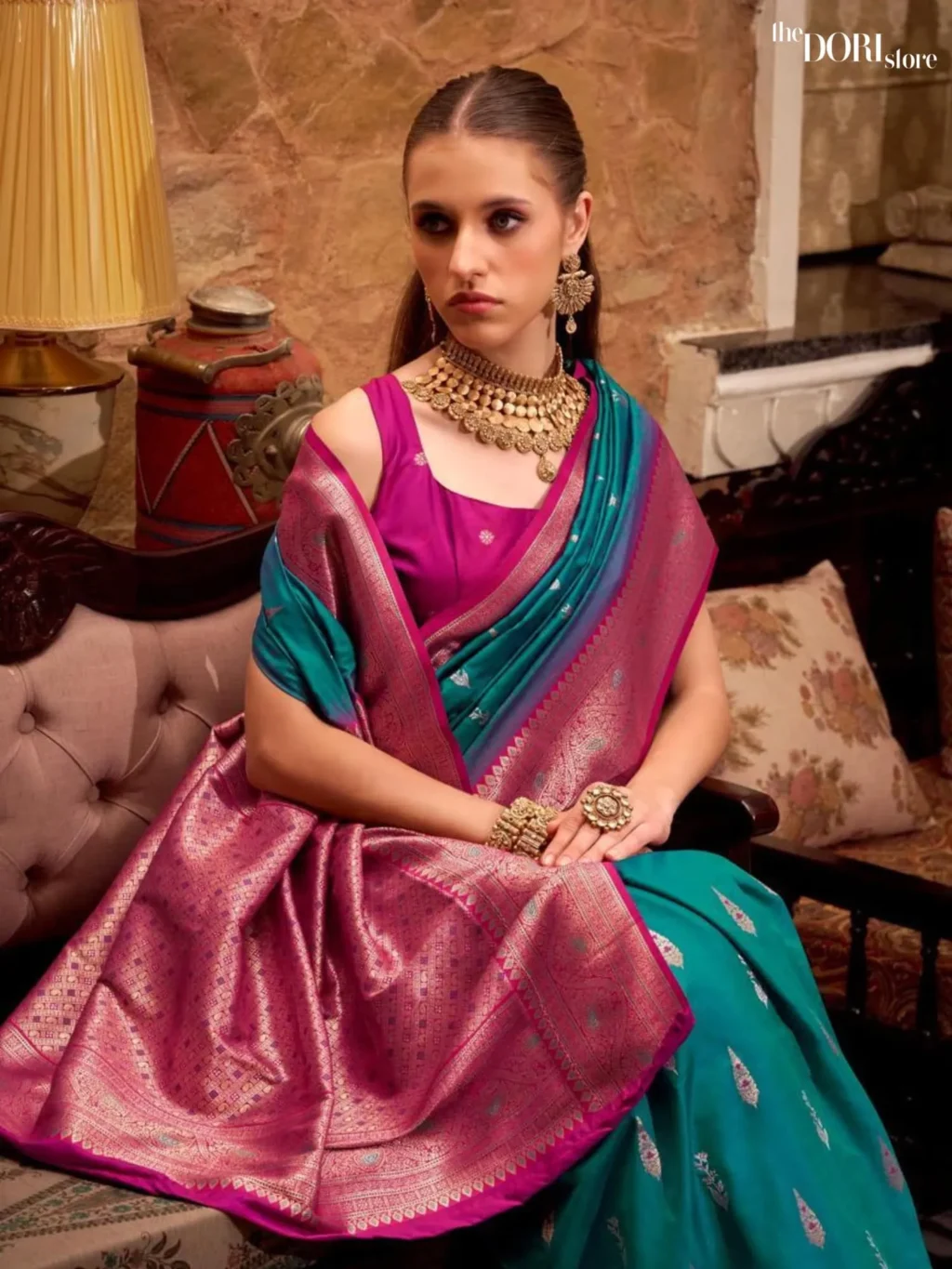Ethnic Teal Green Partywear Soft Silk Woven Saree - Image 3