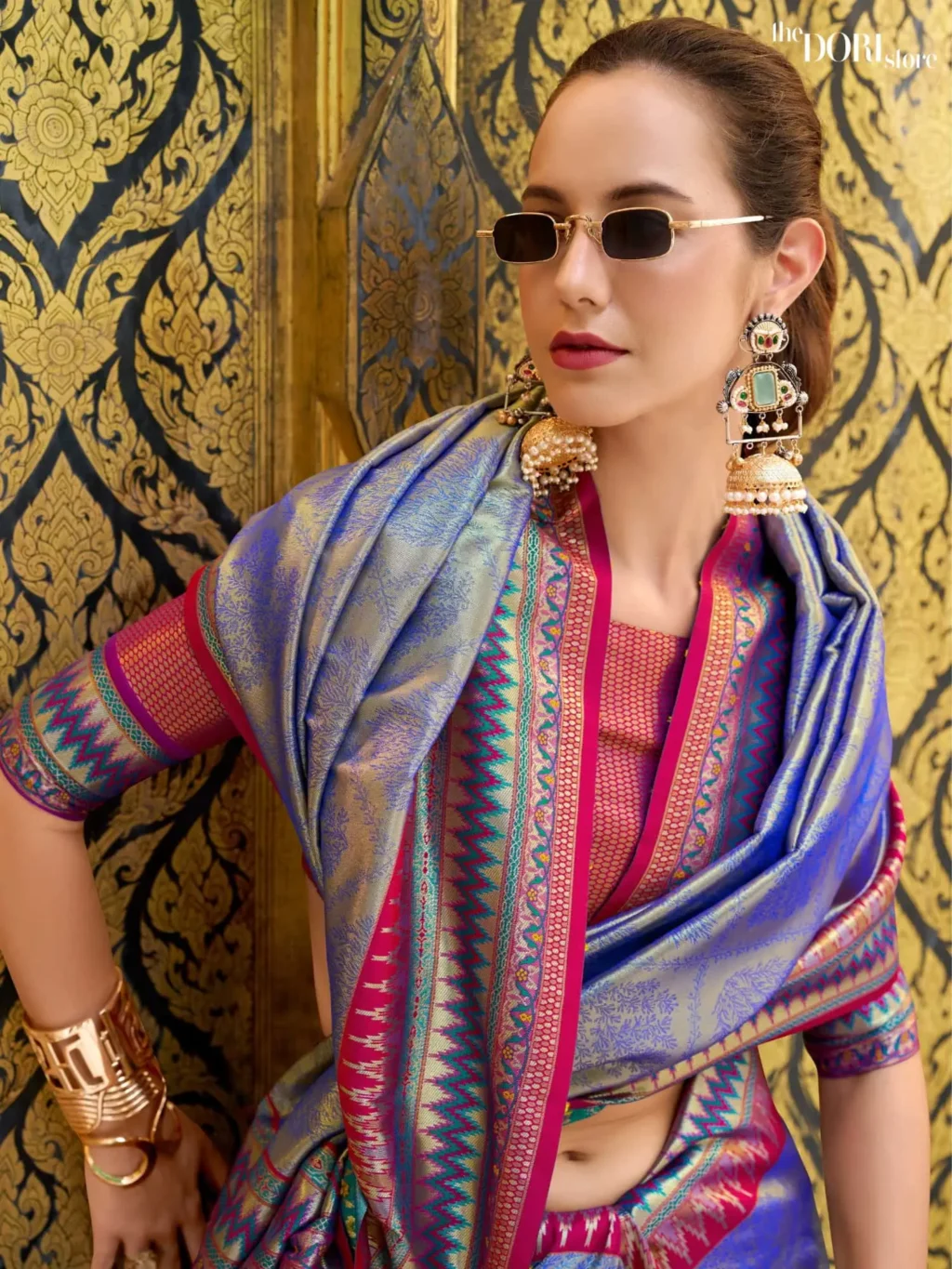 Royal Blue Dual Tone Partywear Tissue Silk Saree - Image 3
