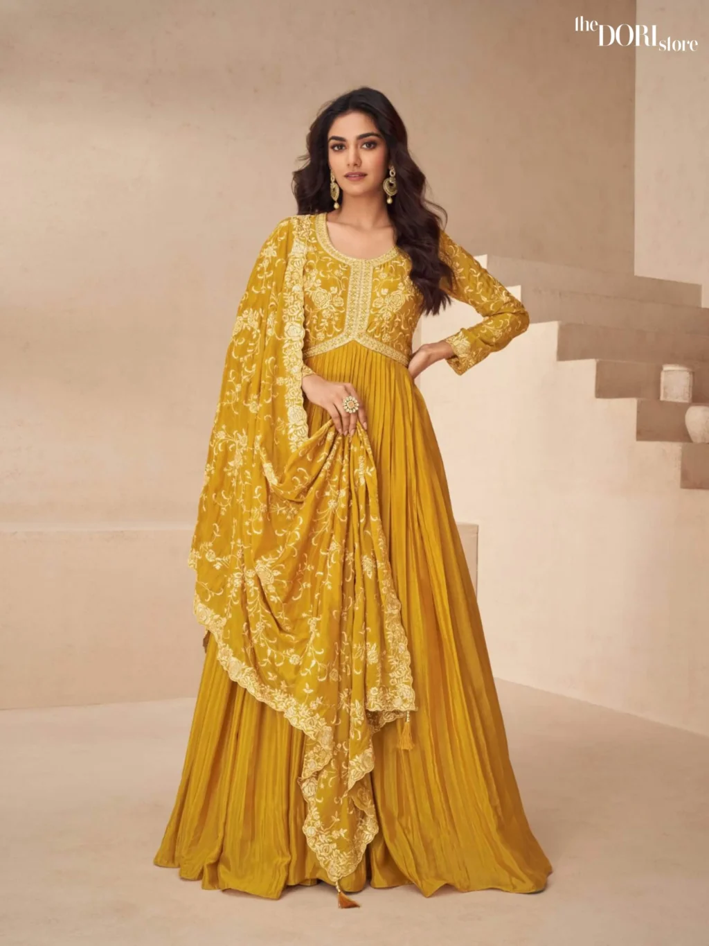 Yellow Chinon Silk Partywear Gown Suit - Beautiful Aashirwad Creation (KAYSERIA)  for a classy look.