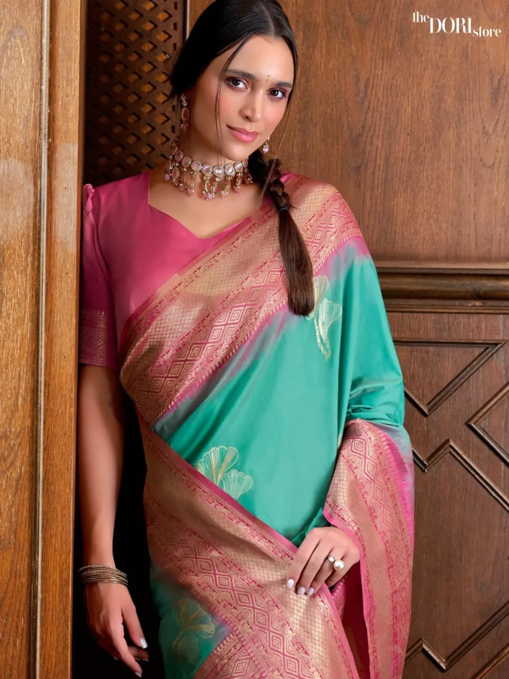 Blush Pink and Blue Soft Silk Saree with Contrast Blouse - Image 3