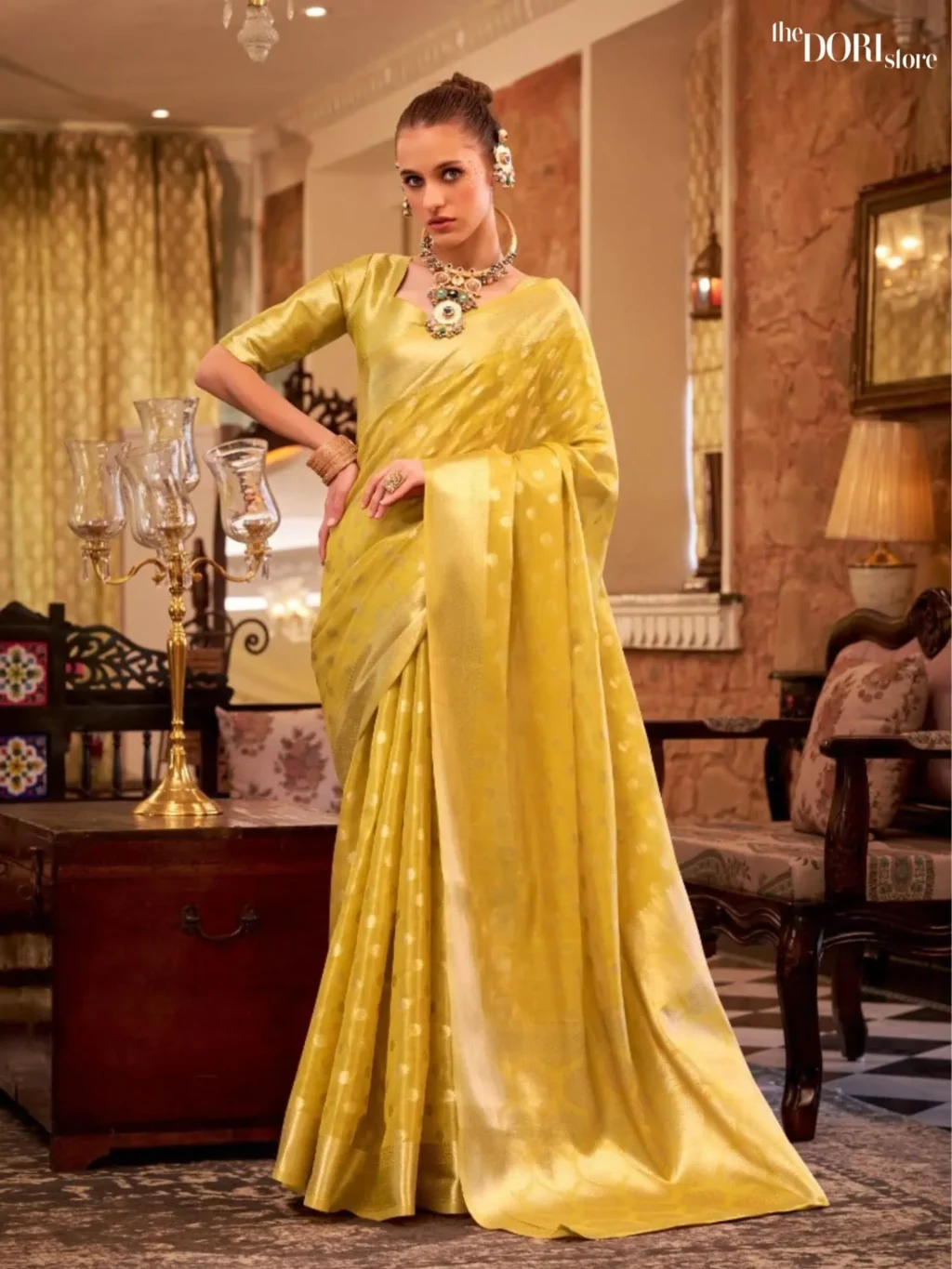 Minion Yellow Partywear Tissue Silk Woven Saree for Women - Designer Pluto  with Beautiful Fabric and Elegant Design.