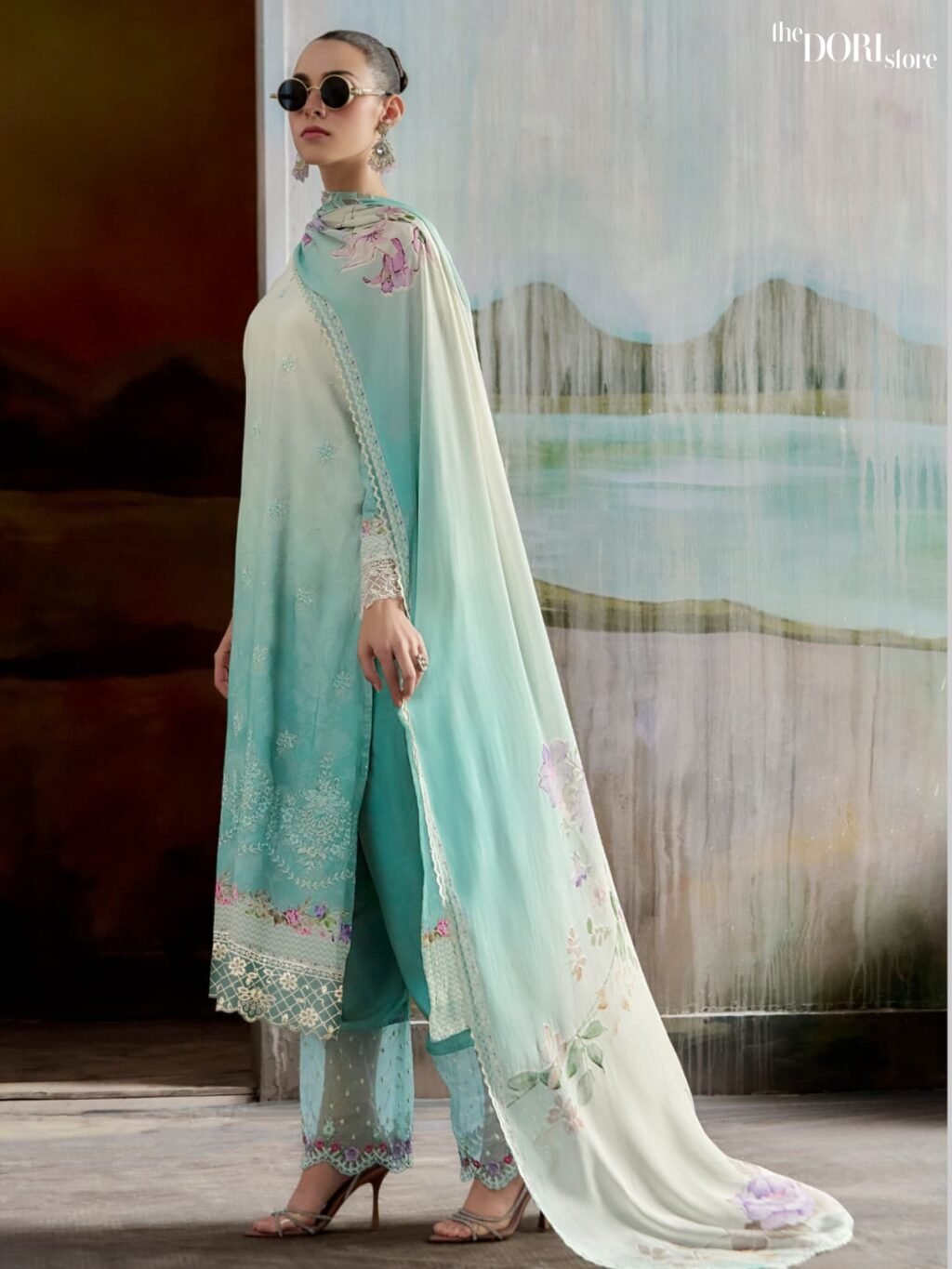 Creamish Blue Pure Muslin Digital Designer Suit with Embroidery Work - Image 4