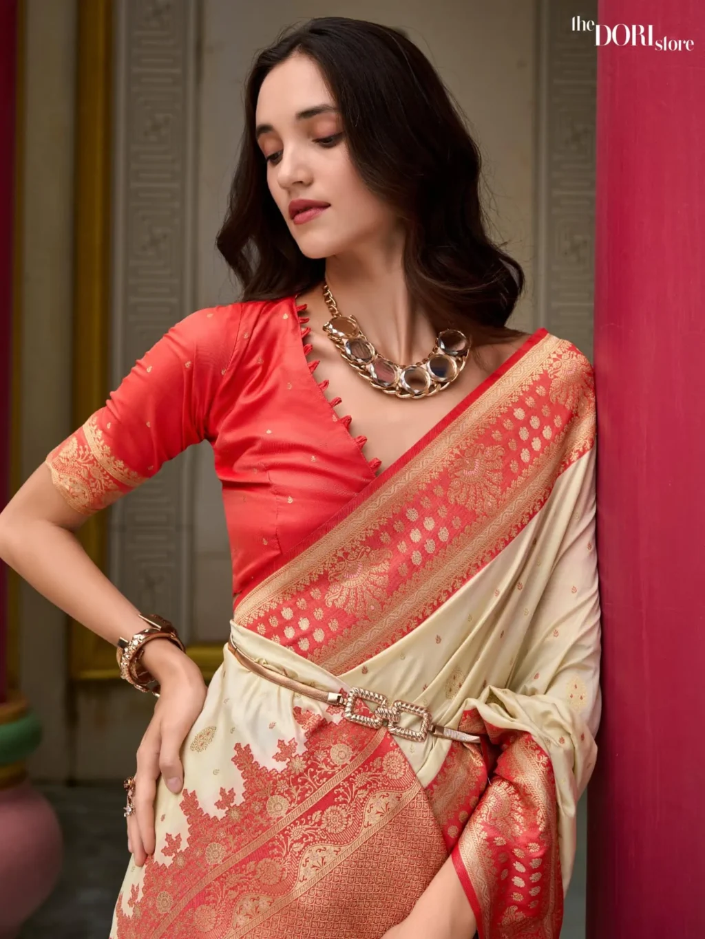 Rich Cream Designer Banarasi Silk Woven Saree - Image 4