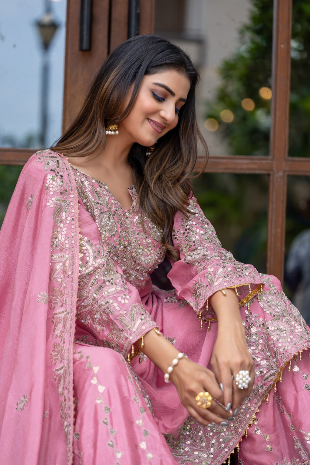 Partywear Pink Chinon Silk Ready To Wear Salwar Suit - Image 3