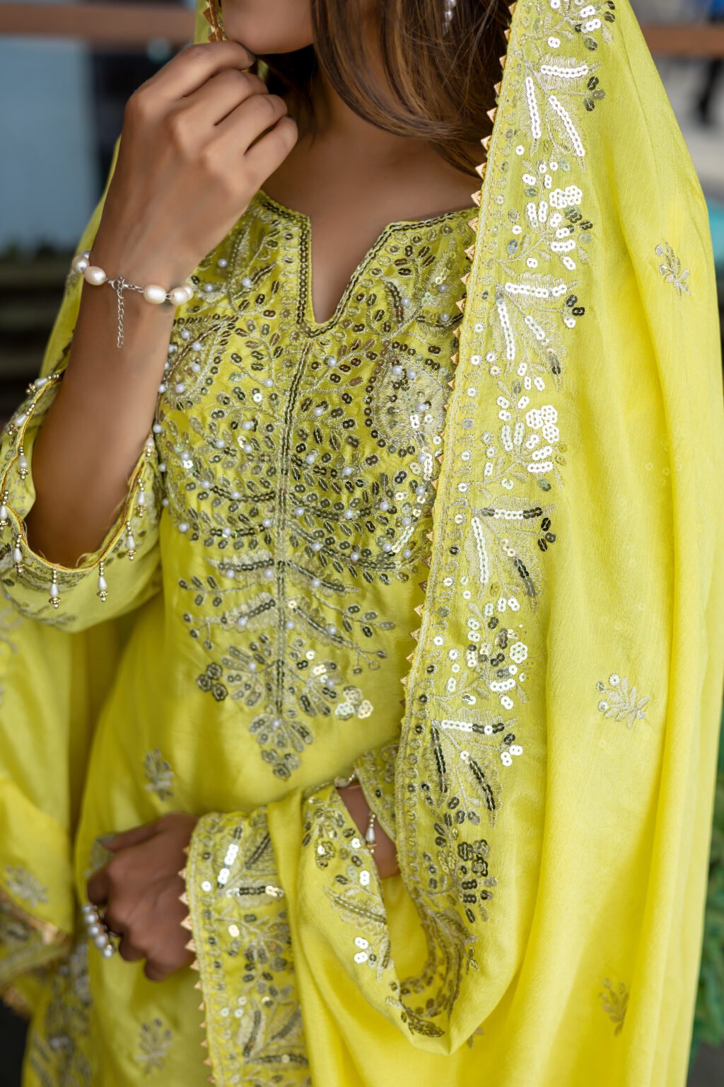 Partywear Yellow Chinon Silk Ready To Wear Salwar Suit - Image 4