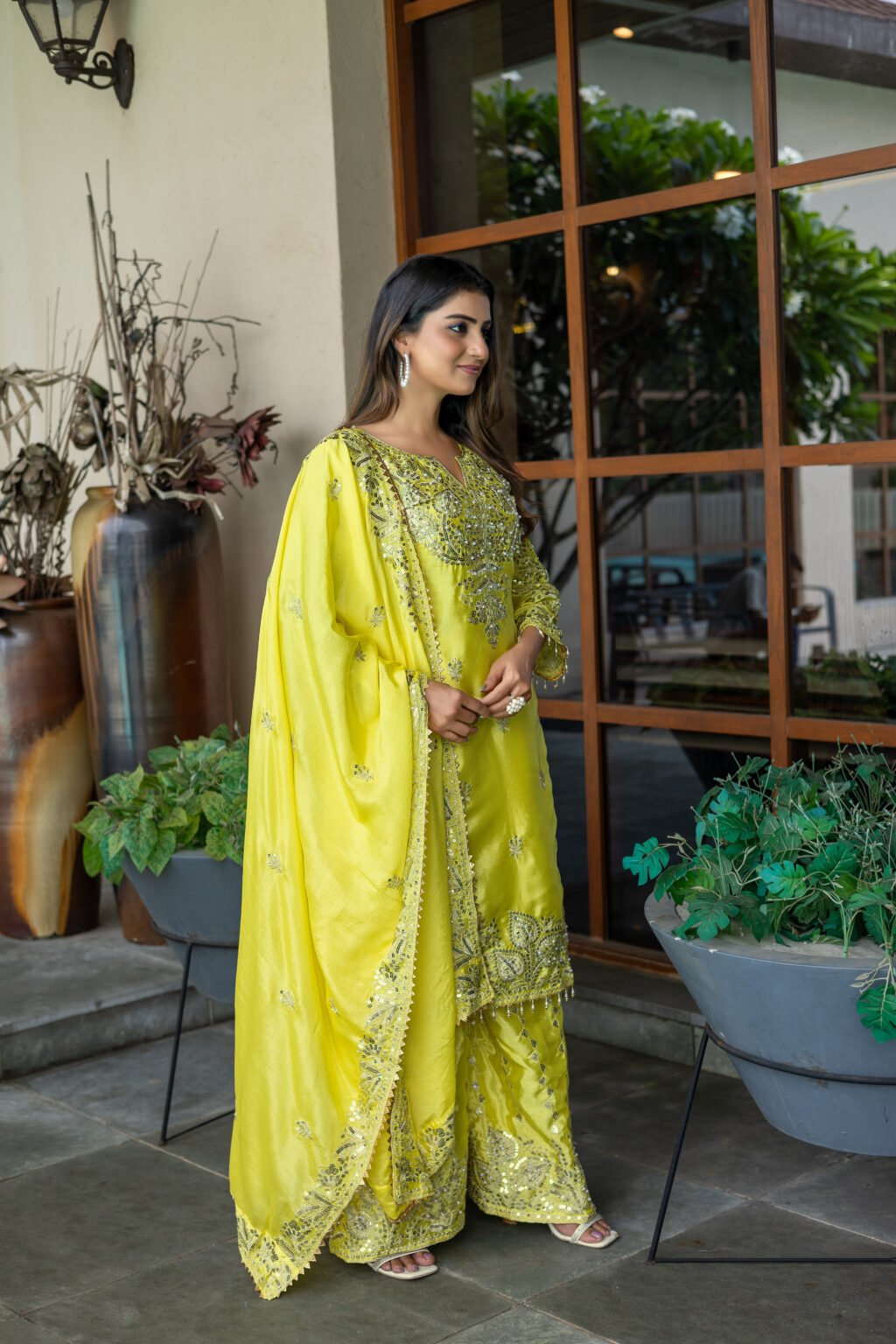 Partywear Yellow Chinon Silk Ready To Wear Salwar Suit - Image 3