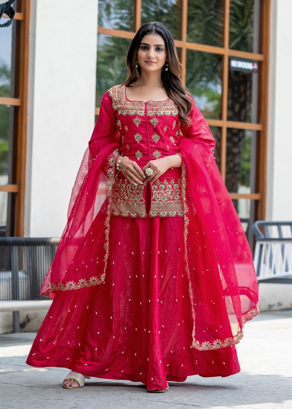 Partywear Pink Silk Ready To Wear Top Lahenga & Dupatta