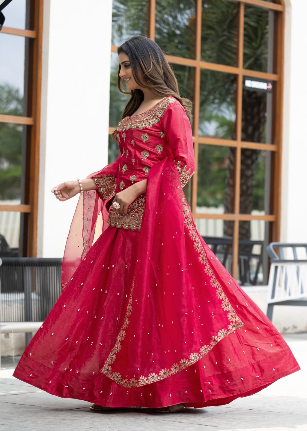Partywear Pink Silk Ready To Wear Top Lahenga & Dupatta - Image 3