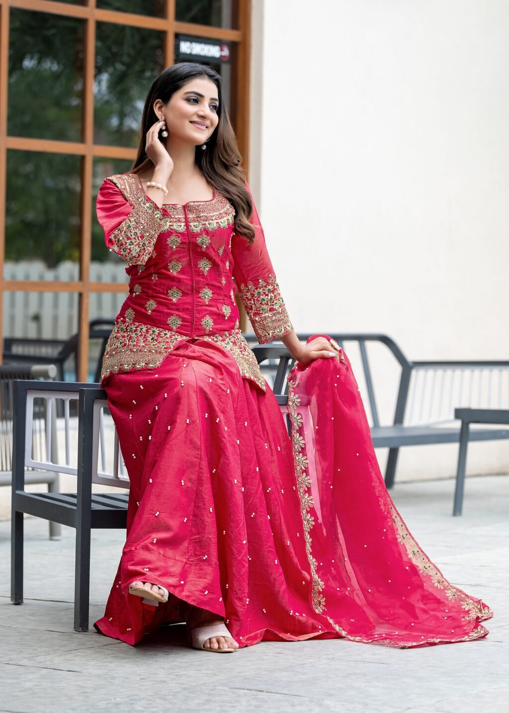 Partywear Pink Silk Ready To Wear Top Lahenga & Dupatta - Image 4