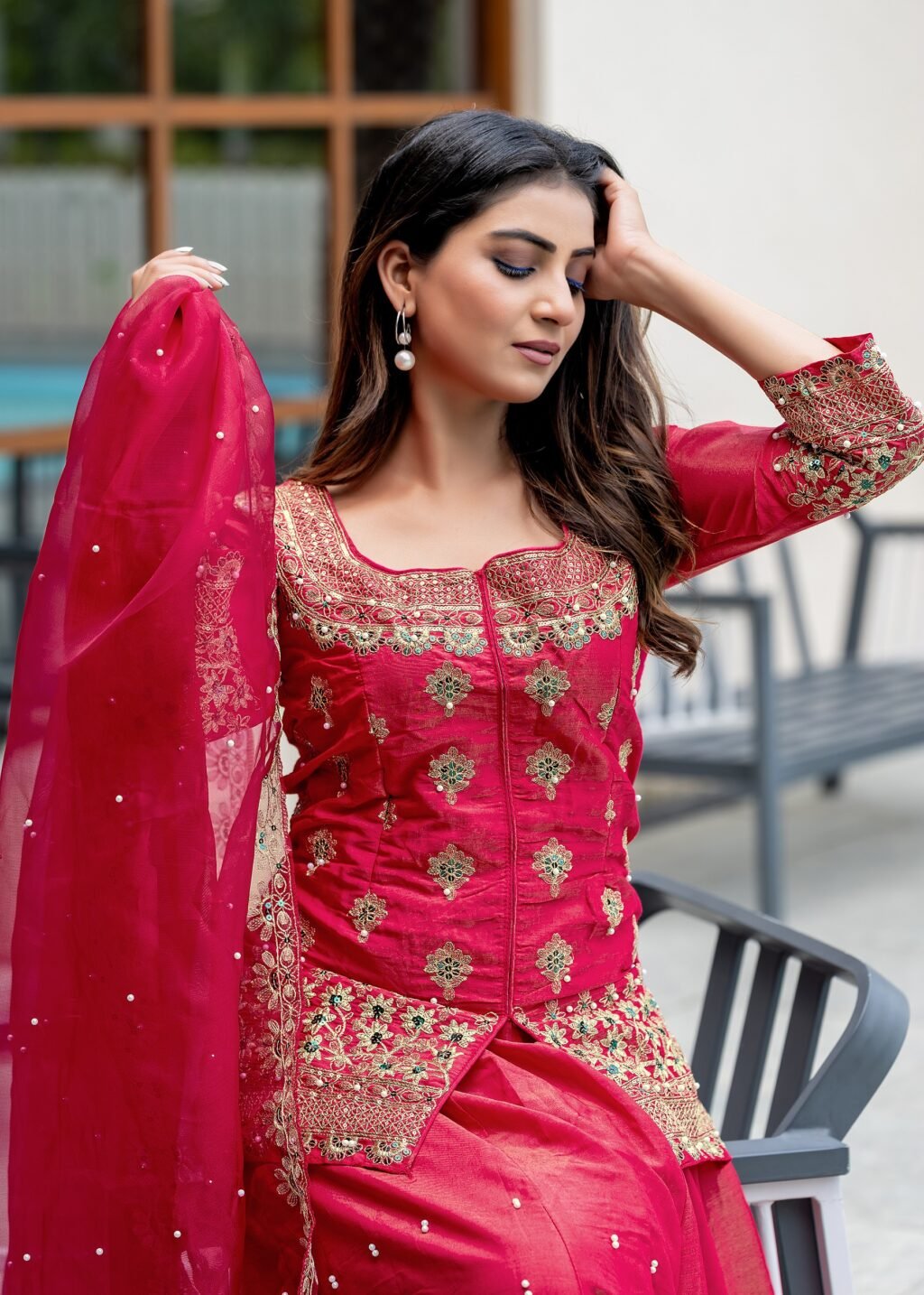 Partywear Pink Silk Ready To Wear Top Lahenga & Dupatta - Image 5