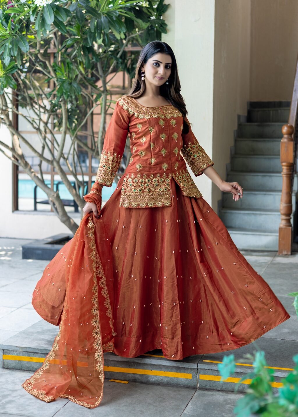 Partywear Orange Silk Ready To Wear Top Lahenga & Dupatta - Image 3