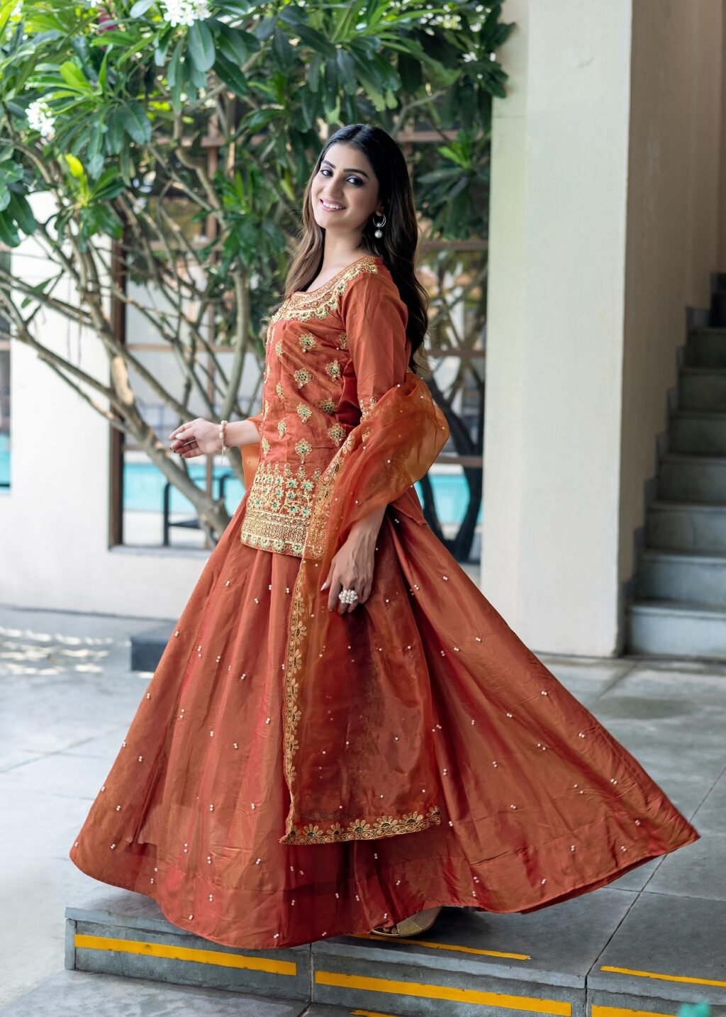 Partywear Orange Silk Ready To Wear Top Lahenga & Dupatta - Image 4
