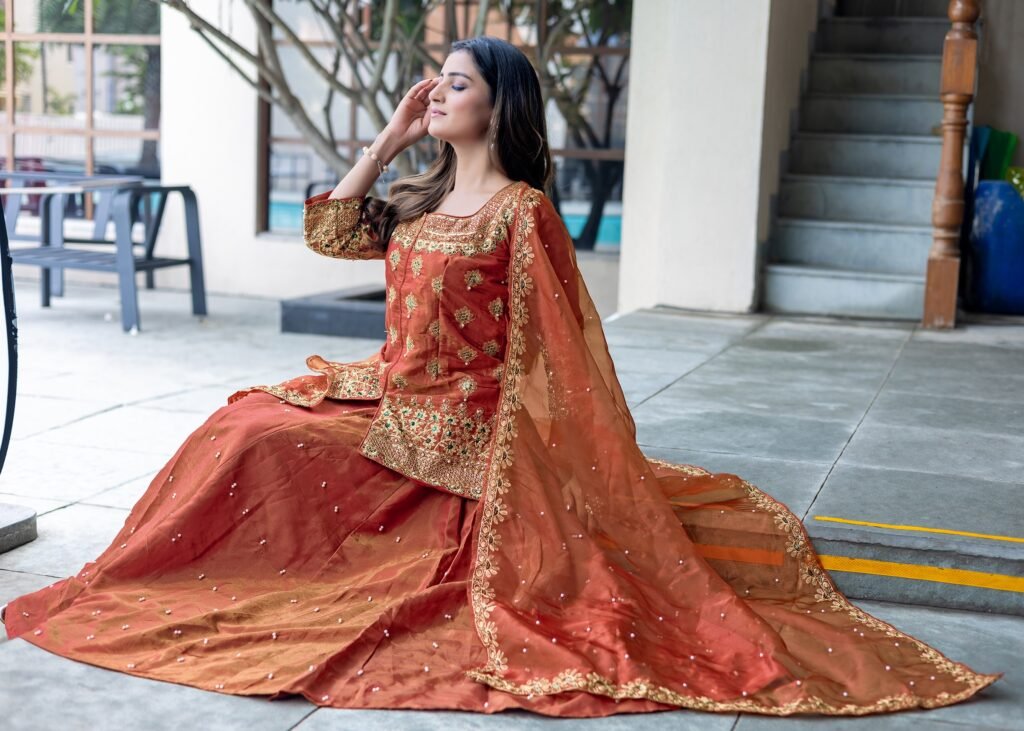Partywear Orange Silk Ready To Wear Top Lahenga & Dupatta - Image 6