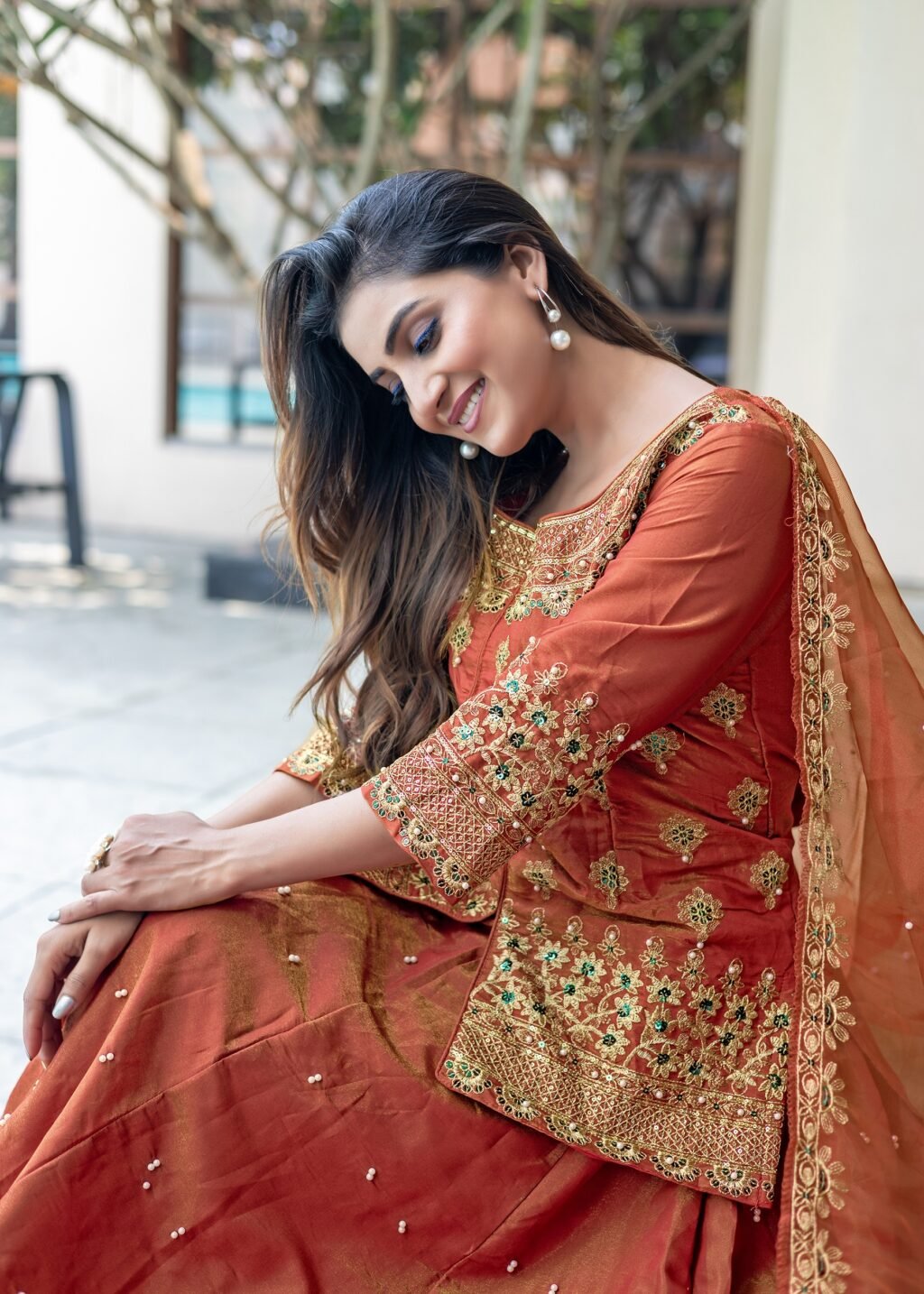 Partywear Orange Silk Ready To Wear Top Lahenga & Dupatta - Image 5