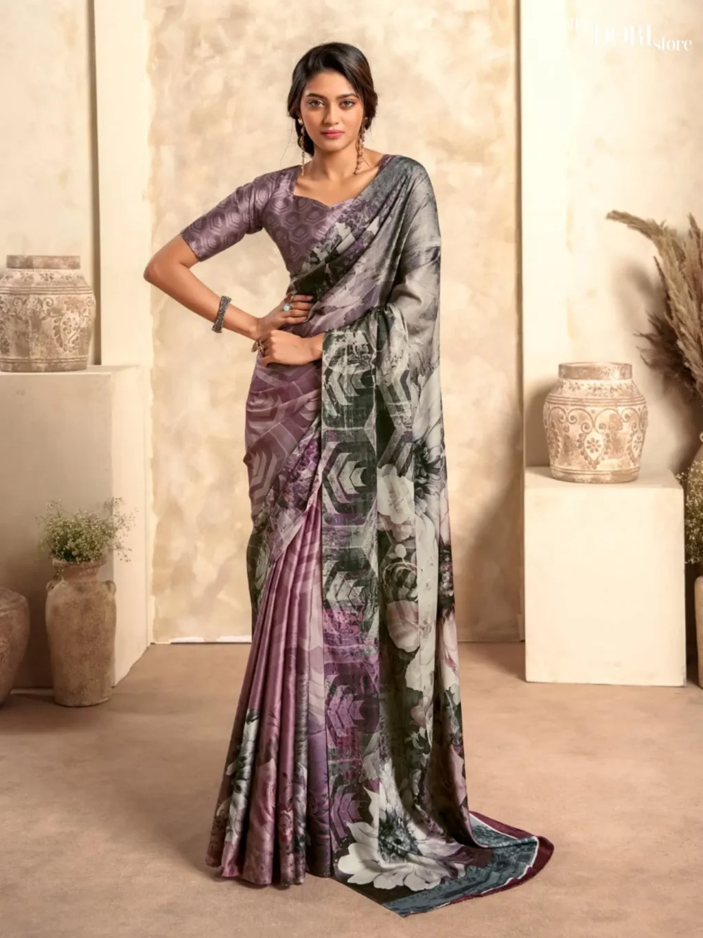 Greyish Purple Sattin  Printed Crepe Silk Saree for Women - Designer Winter Lover  with Beautiful Fabric and Elegant Design.