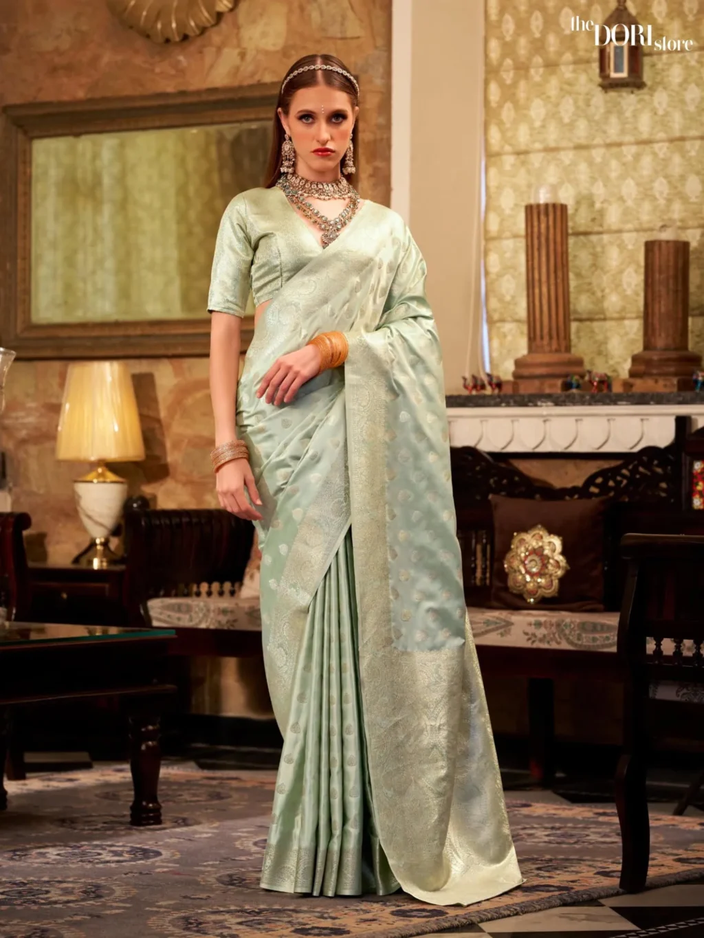 Ethnic Sea Green Pure Soft Banarasi Sattin Silk Saree for Women - Designer Shella Gold  with Beautiful Fabric and Elegant Design.