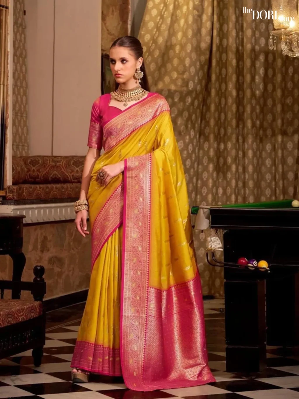 Pinkish Glow Yellow Partywear Soft Silk Woven Saree for Women - Designer Gatha Silk with Beautiful Fabric and Elegant Design.