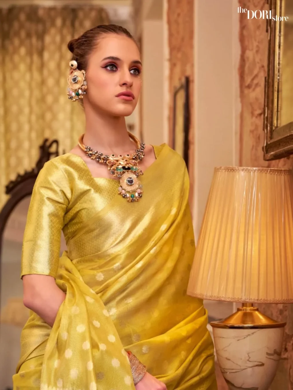 Minion Yellow Partywear Tissue Silk Woven Saree - Image 4