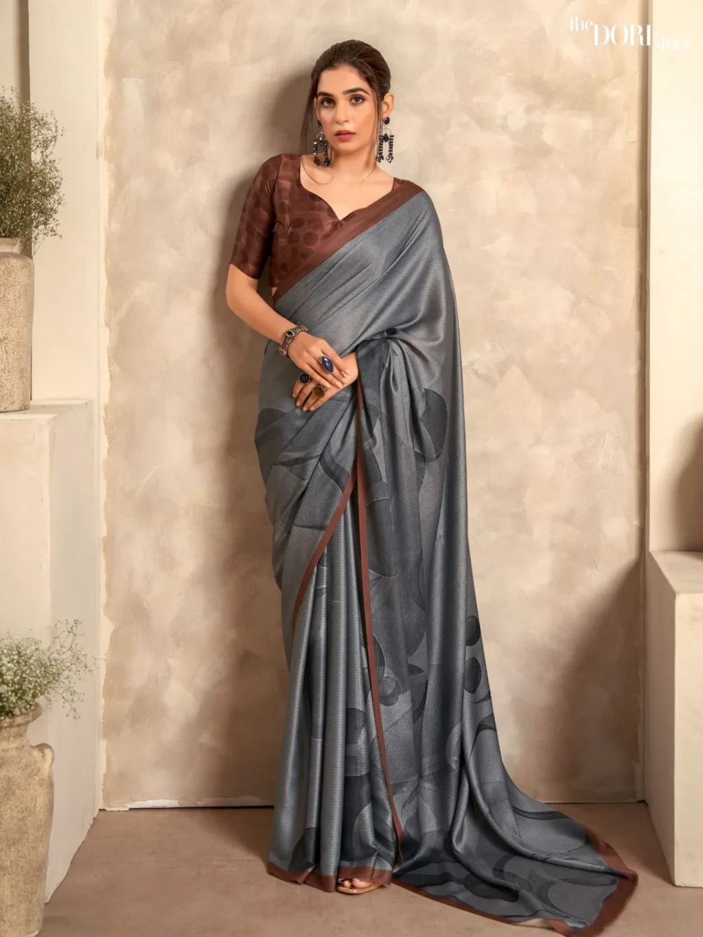 Brownish Steel Grey Sattin  Printed Crepe Silk Saree for Women - Designer Jasmine  with Beautiful Fabric and Elegant Design.