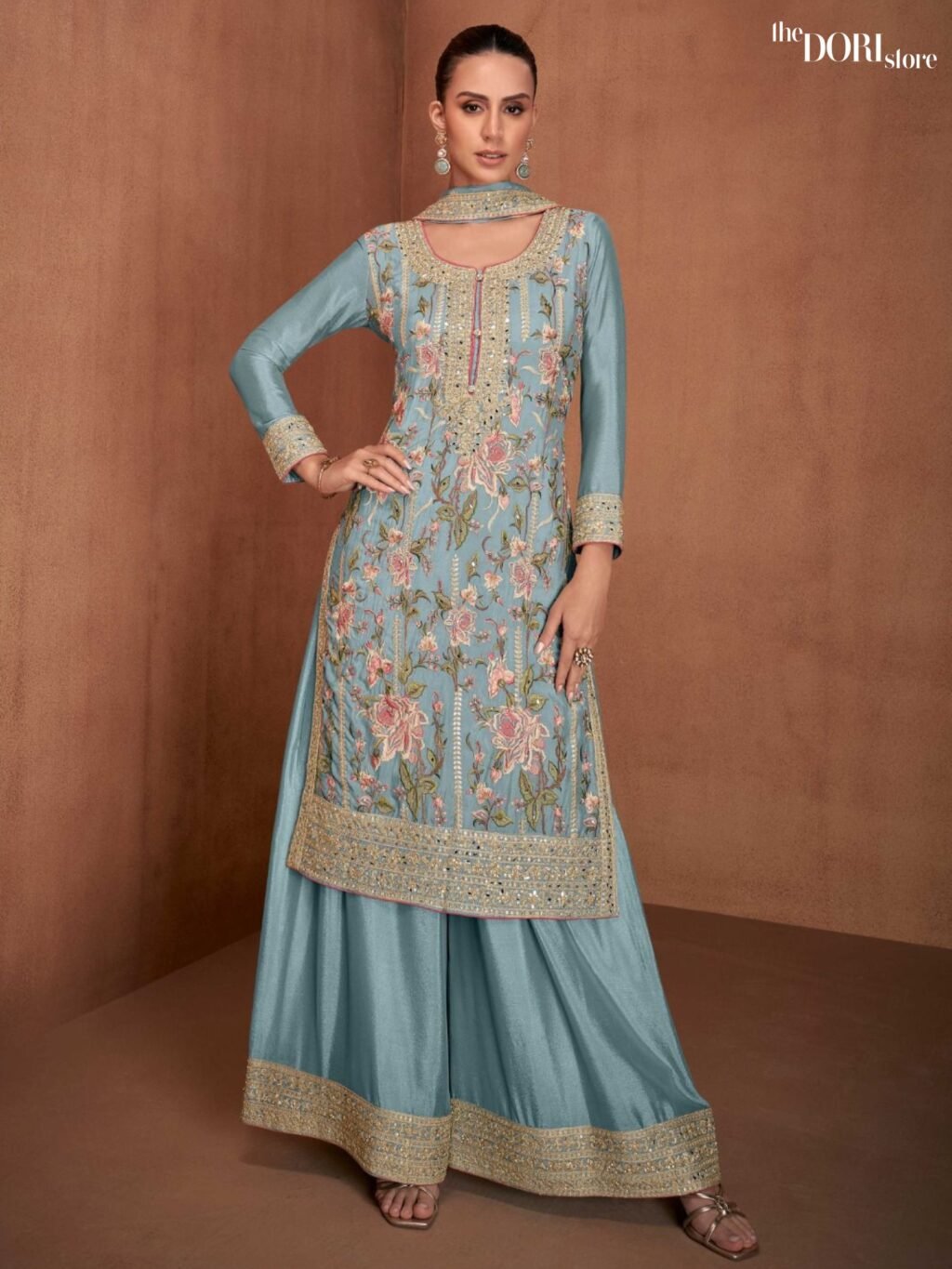 Ocean Blue Chinon Silk Partywear Suit with Embroidery & Mirror work - Beautiful GULKARYA DESIGNER (VANYA)  for a classy look.