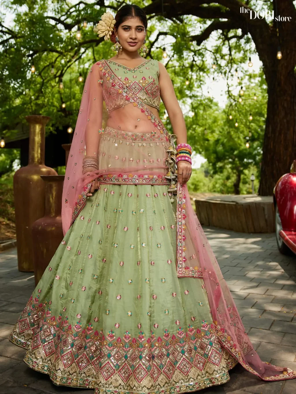 Image of Lime green colour Tissue Sequinse embroidery Semi-Stitched Lehenga choli  showing its unique design and quality.
