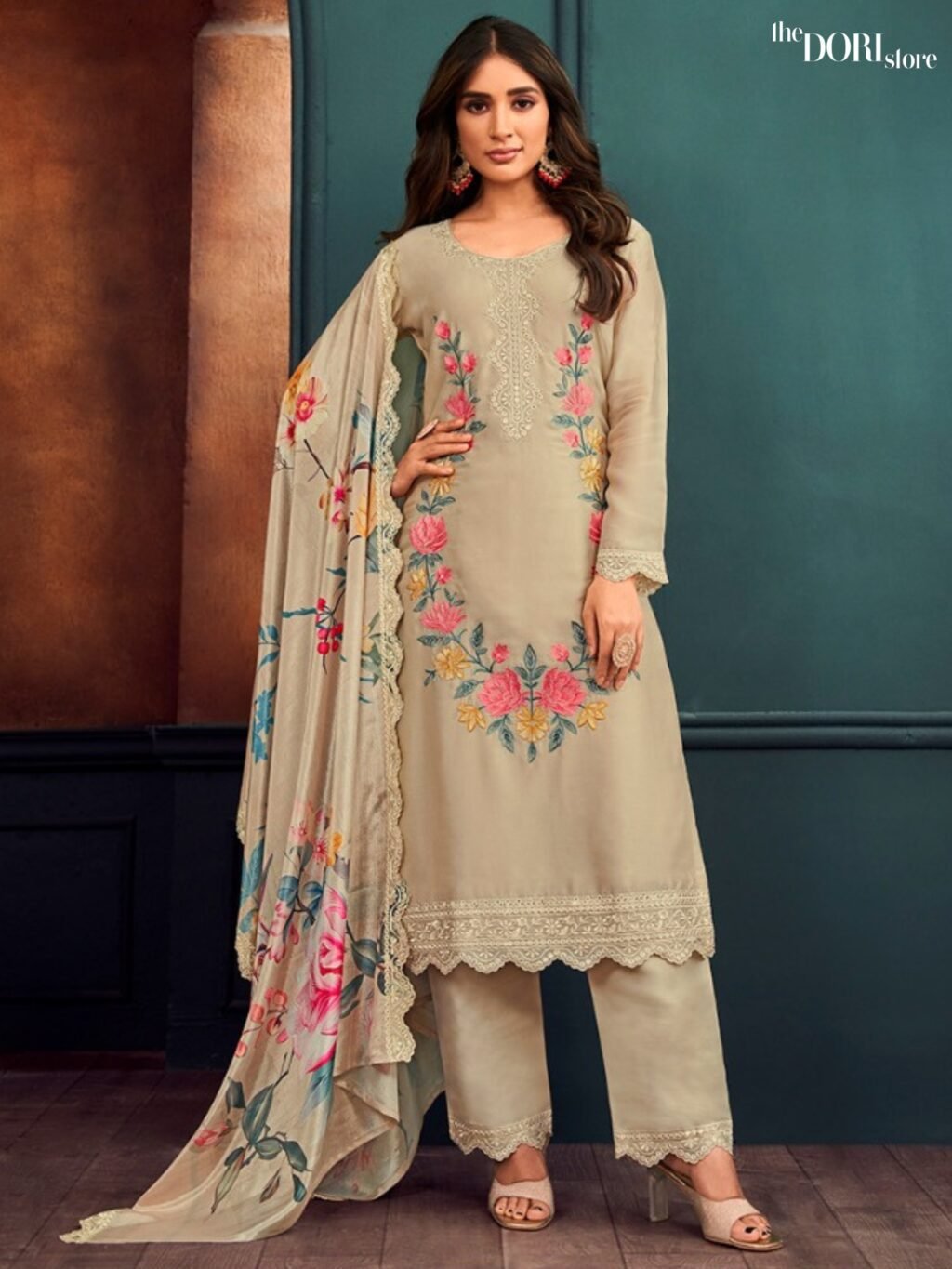 Floral Beige Two Tone Catonic Geo Partywear Suit with Heavy Embroidery  - Beautiful Radha Trendz( SEJAL VOL 2) for a classy look.