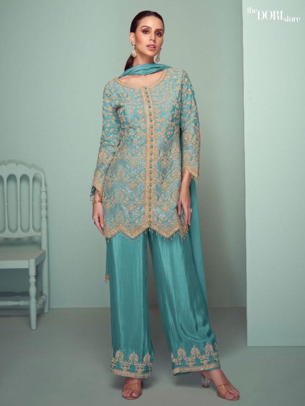 Aqua Blue Partywear Chinon Silk Suit  - Beautiful Gulkarya Designer ( CROWN PLATINUM ) for a classy look.