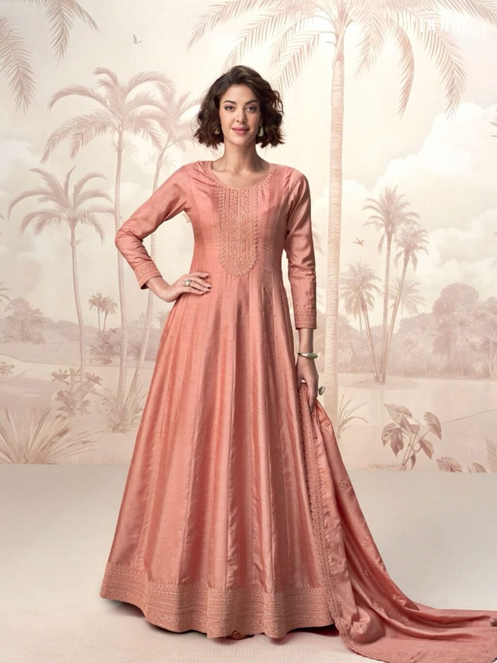 Ethnic Peach Pink Silk Partywear Gown Suit - Beautiful Aashirwad Creation (RAGINI ) for a classy look.