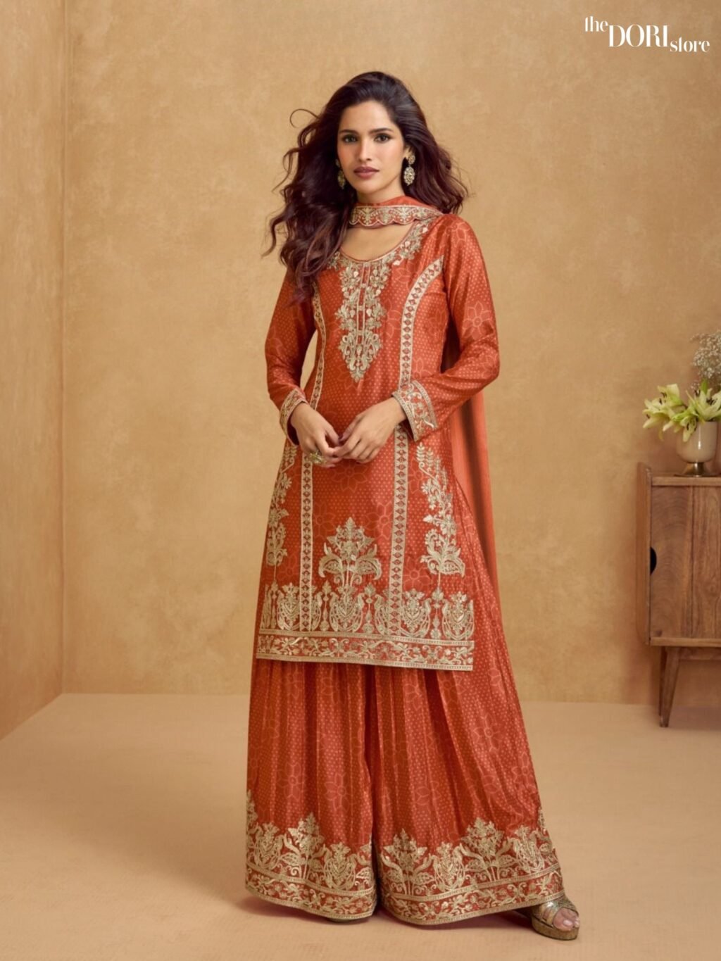 Rust Orange Designer Chinon Silk Partywear Suit  - Beautiful Aashirwad Creation (TANVI) for a classy look.