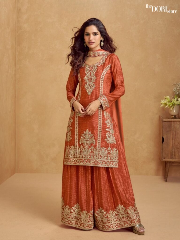 Rust Orange Designer Chinon Silk Partywear Suit