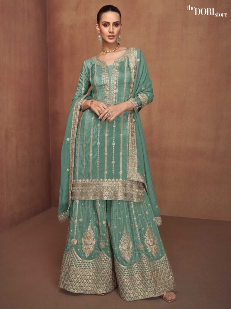 Sea Green Shimmer Silk Partywear Suit