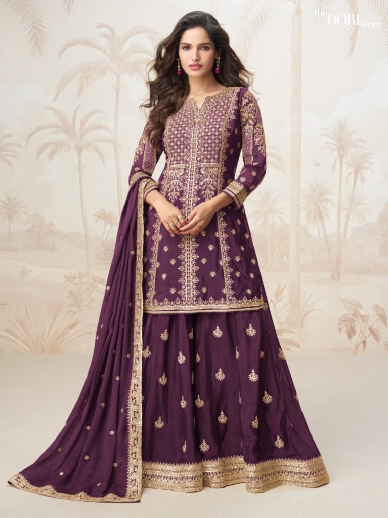 Buy Plum Purple Chinon Silk Partywear Suit  with stunning designs for women. Best ethnic wear