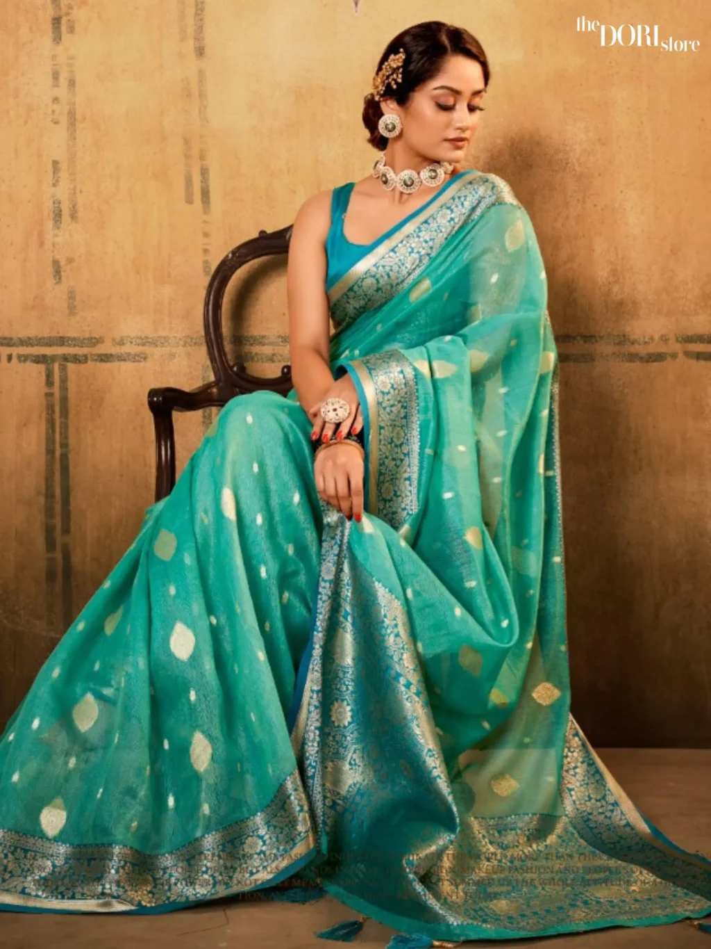 Aqua Blue Partywear Banarasi Silk Saree - Image 3