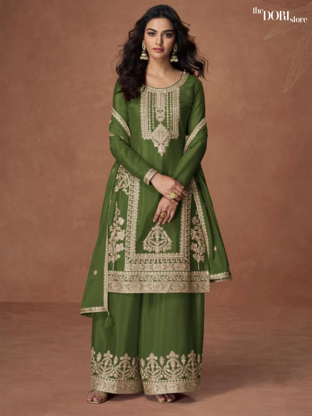 Mehndi Green Designer Chinon Silk Suit  - Beautiful Aashirwad Creation (ANUPAMA) for a classy look.