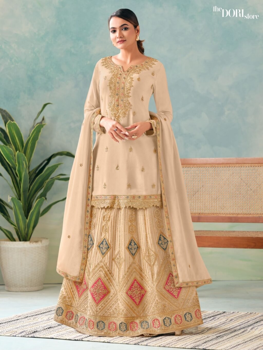Designer Cream Chinon Silk Partywear Suit with Embroidery Work  - Beautiful Radha Trendz( MIRACLE) for a classy look.