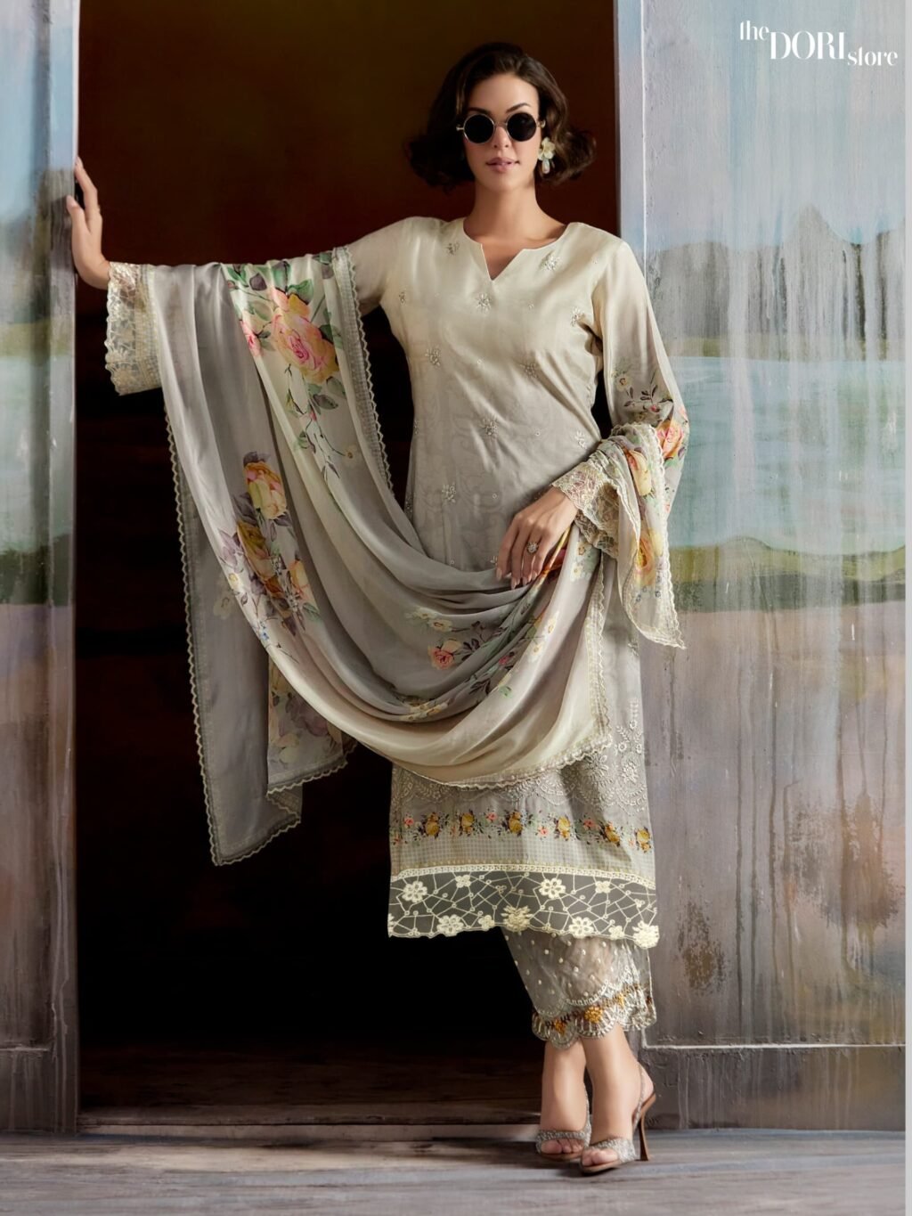 Fossil Grey Pure Muslin Digital Designer Suit with Embroidery Work  - Beautiful Aashiqi (HEER) for a classy look.