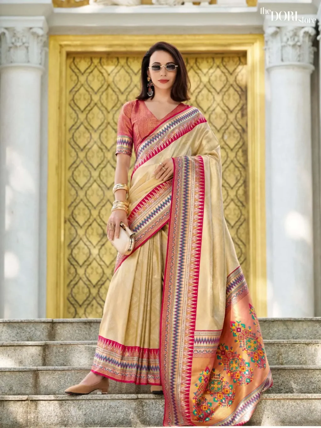 Ethnic Golden Dual Tone Partywear Tissue Silk Saree for Women - Designer Rajmata  with Beautiful Fabric and Elegant Design.