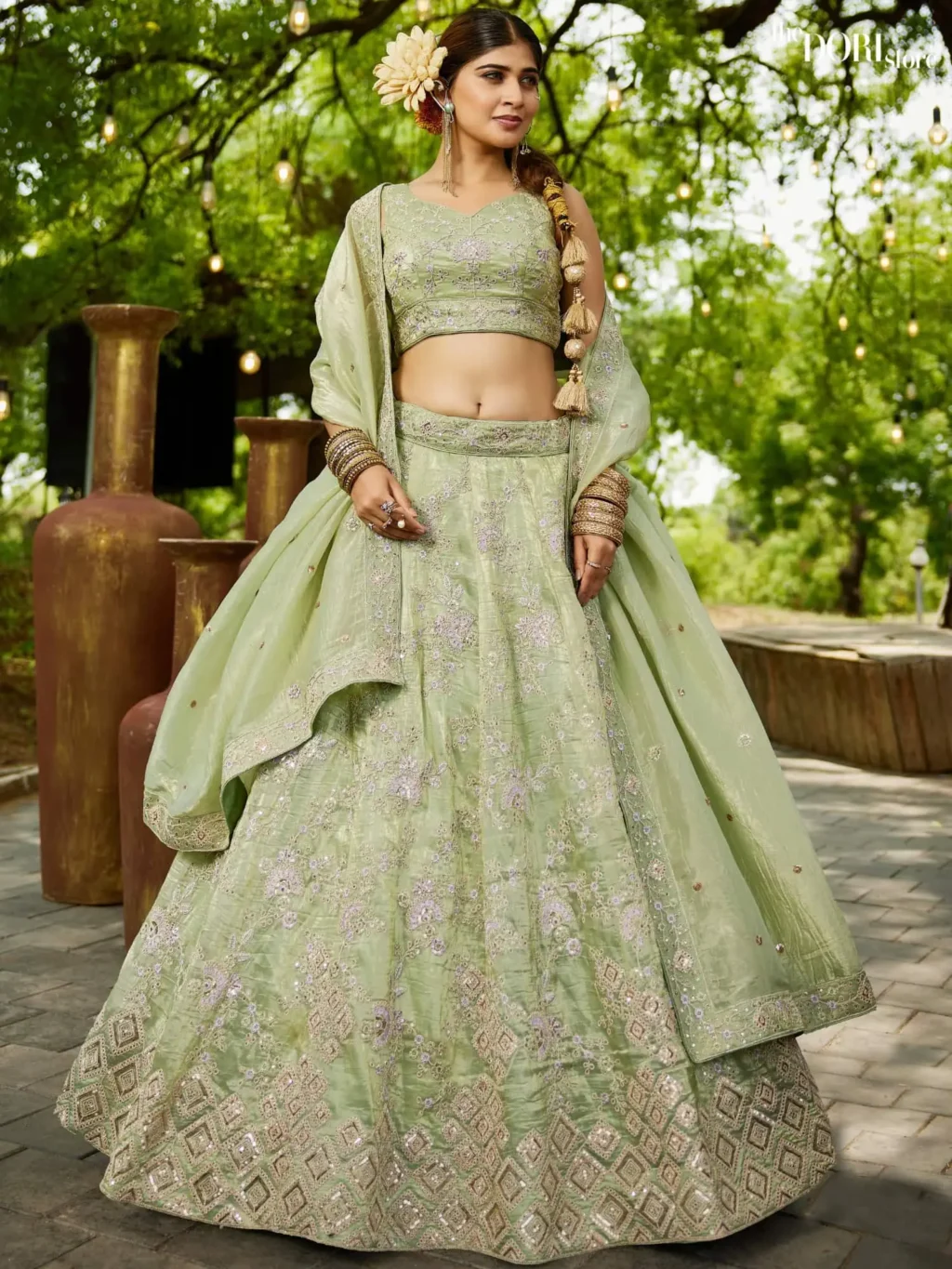 Image of Lime Green colour Tissue Sequinse embroidery Semi-Stitched Lehenga choli showing its unique design and quality.