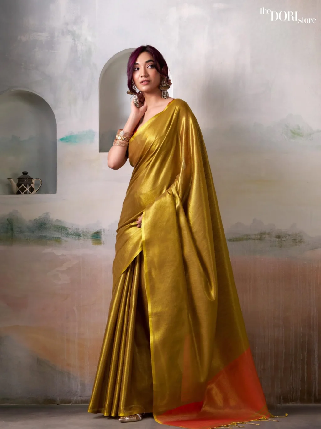 Mustard Gold Tone Pure Handloom Tissue Silk Saree for Women - Designer ANVIKA TISSUES with Beautiful Fabric and Elegant Design.
