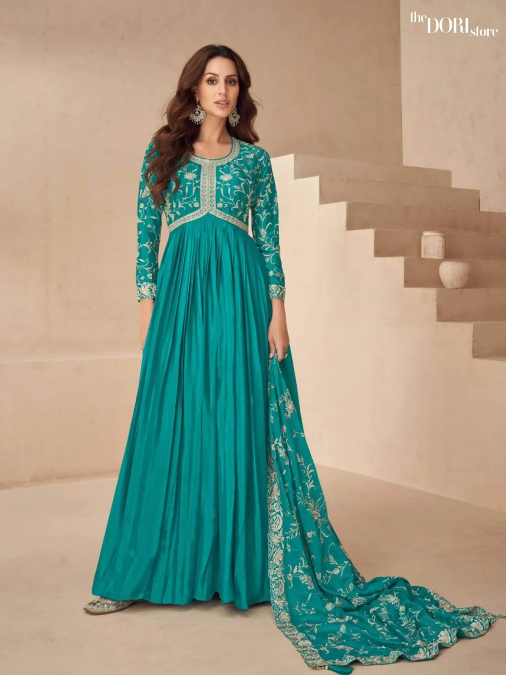 Teal Blue Chinon Silk Partywear Gown Suit - Beautiful Aashirwad Creation (KAYSERIA)  for a classy look.