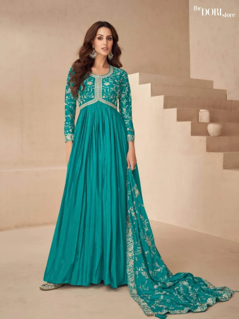 Teal Blue Chinon Silk Partywear Gown Suit - Beautiful Aashirwad Creation (KAYSERIA)  for a classy look.
