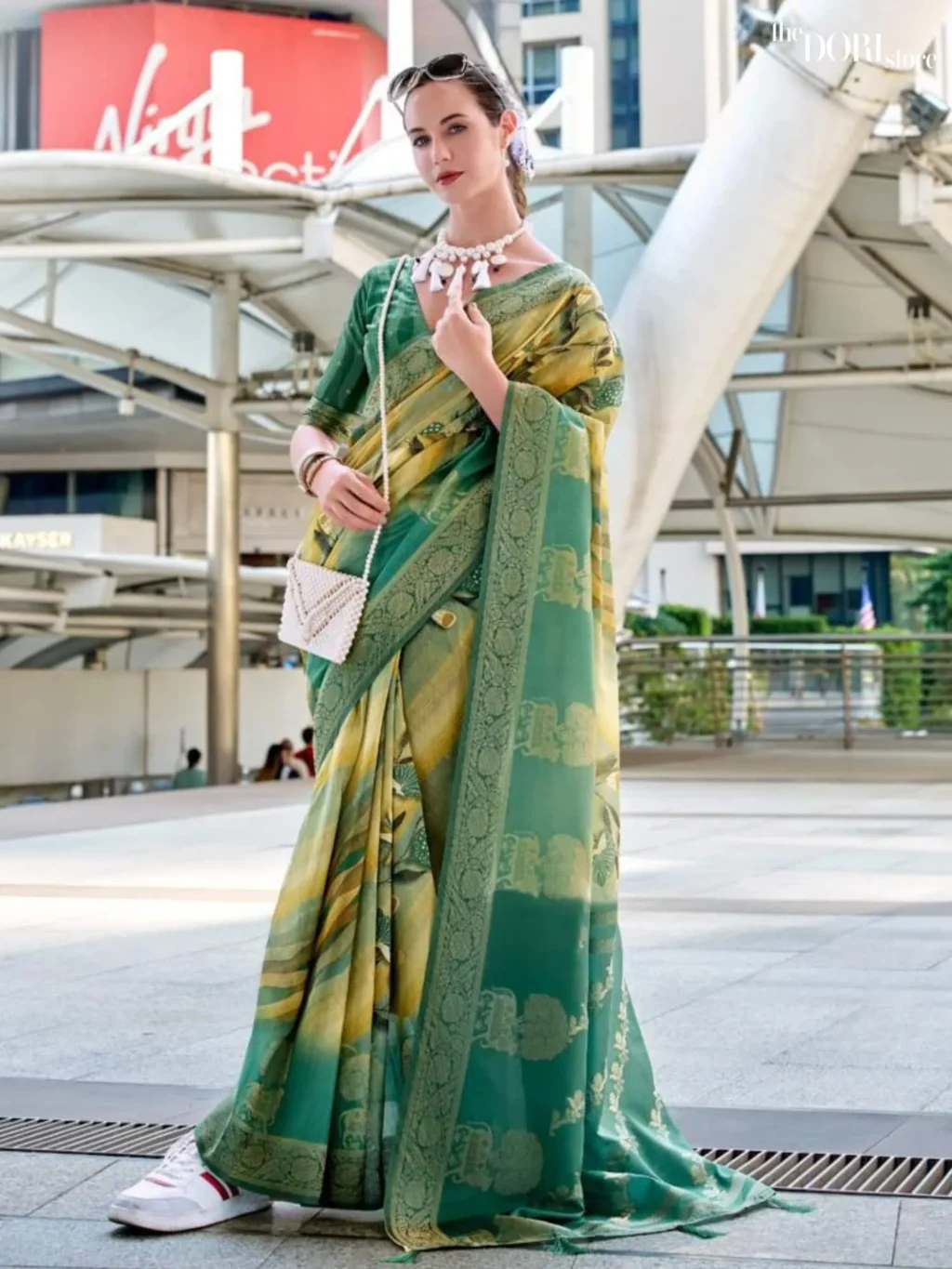 Yellowish Green Brown Handloom Mashroom Silk Saree for Women - Designer Pichwai with Beautiful Fabric and Elegant Design.