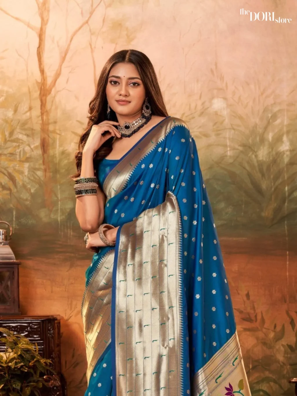 Royal Blue Paithani Silk Saree with Zari Border - Image 3