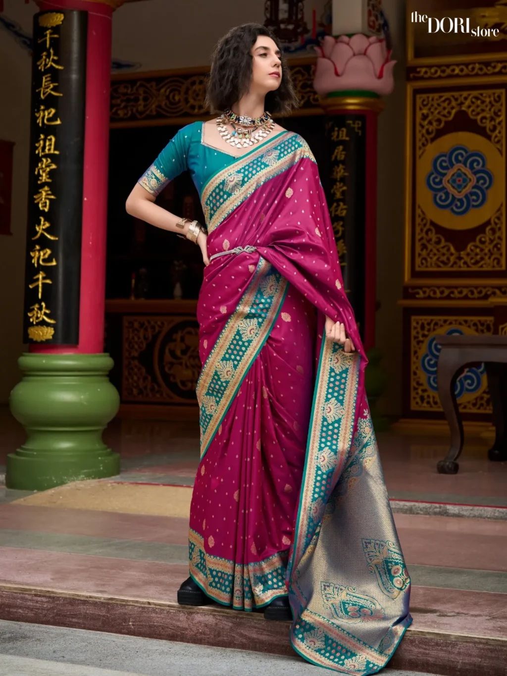 Teal Blue and Rani Pink Designer Banarasi Silk Woven Saree for Women - Designer Samruddhi Silk with Beautiful Fabric and Elegant Design.