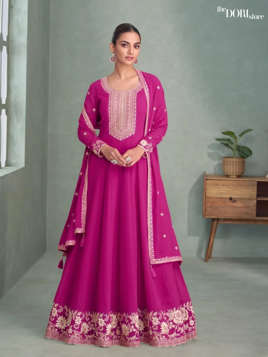 Queen Pink Partywear Georgette Gown Suit  - Beautiful Aashirwad Creation (PURVA) for a classy look.