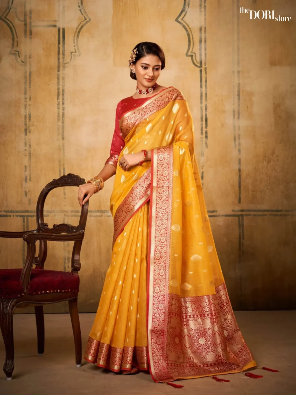 Marigold Yellow Partywear Banarasi Silk Saree for Women - Designer PETALS BANARASI with Beautiful Fabric and Elegant Design.