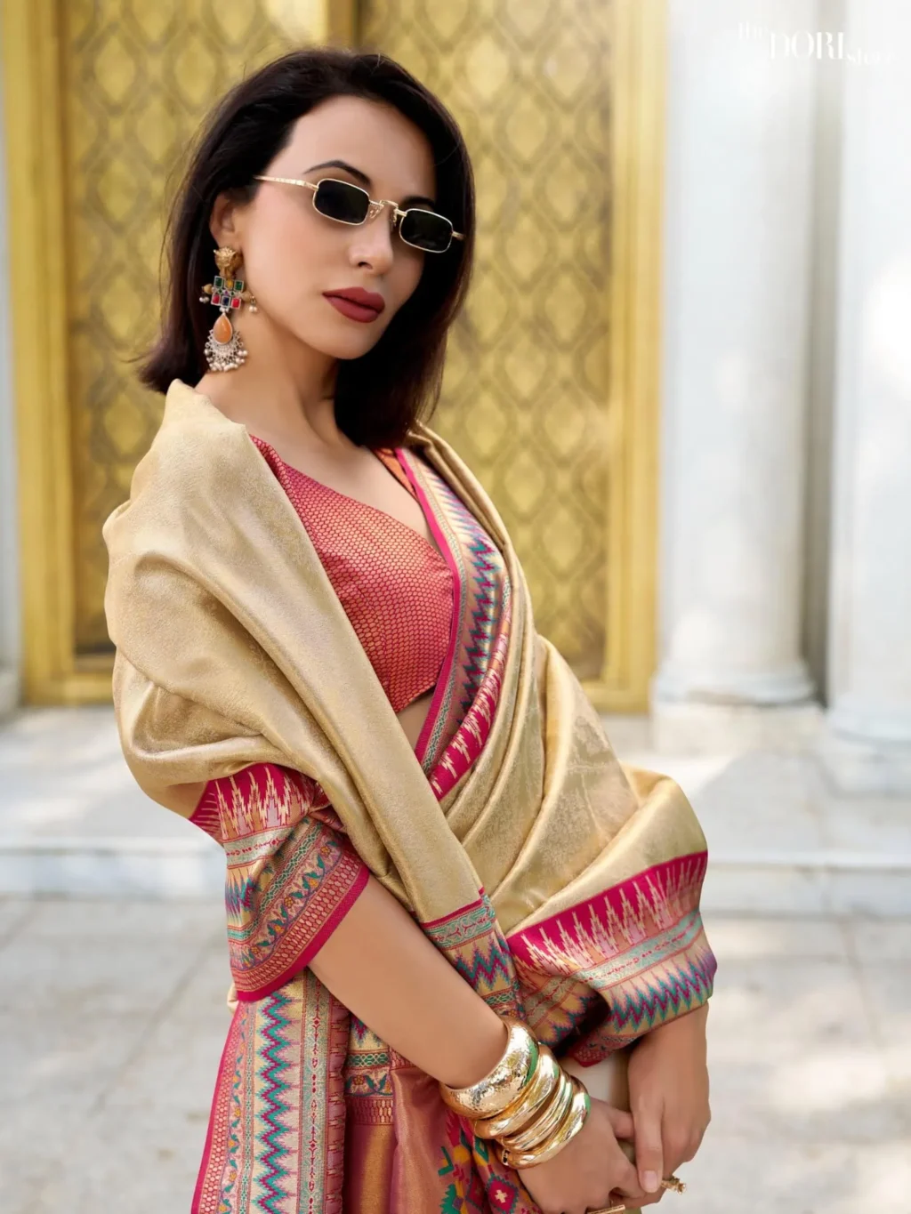Ethnic Golden Dual Tone Partywear Tissue Silk Saree - Image 4
