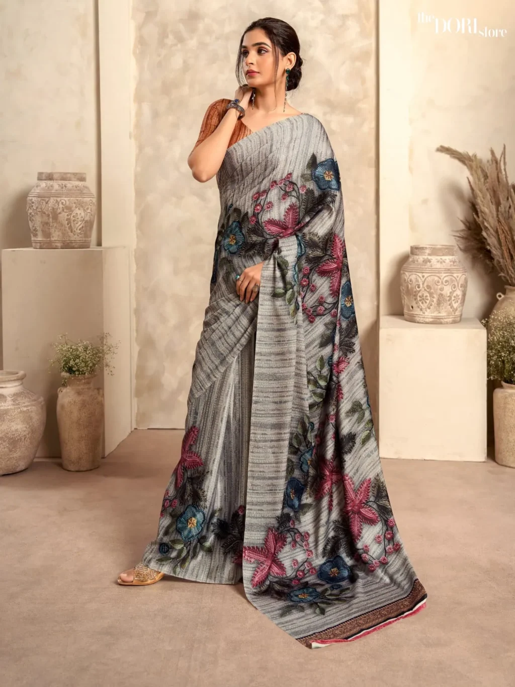 Floral Fossil Grey Sattin  Printed Crepe Silk Saree for Women - Designer Jasmine  with Beautiful Fabric and Elegant Design.
